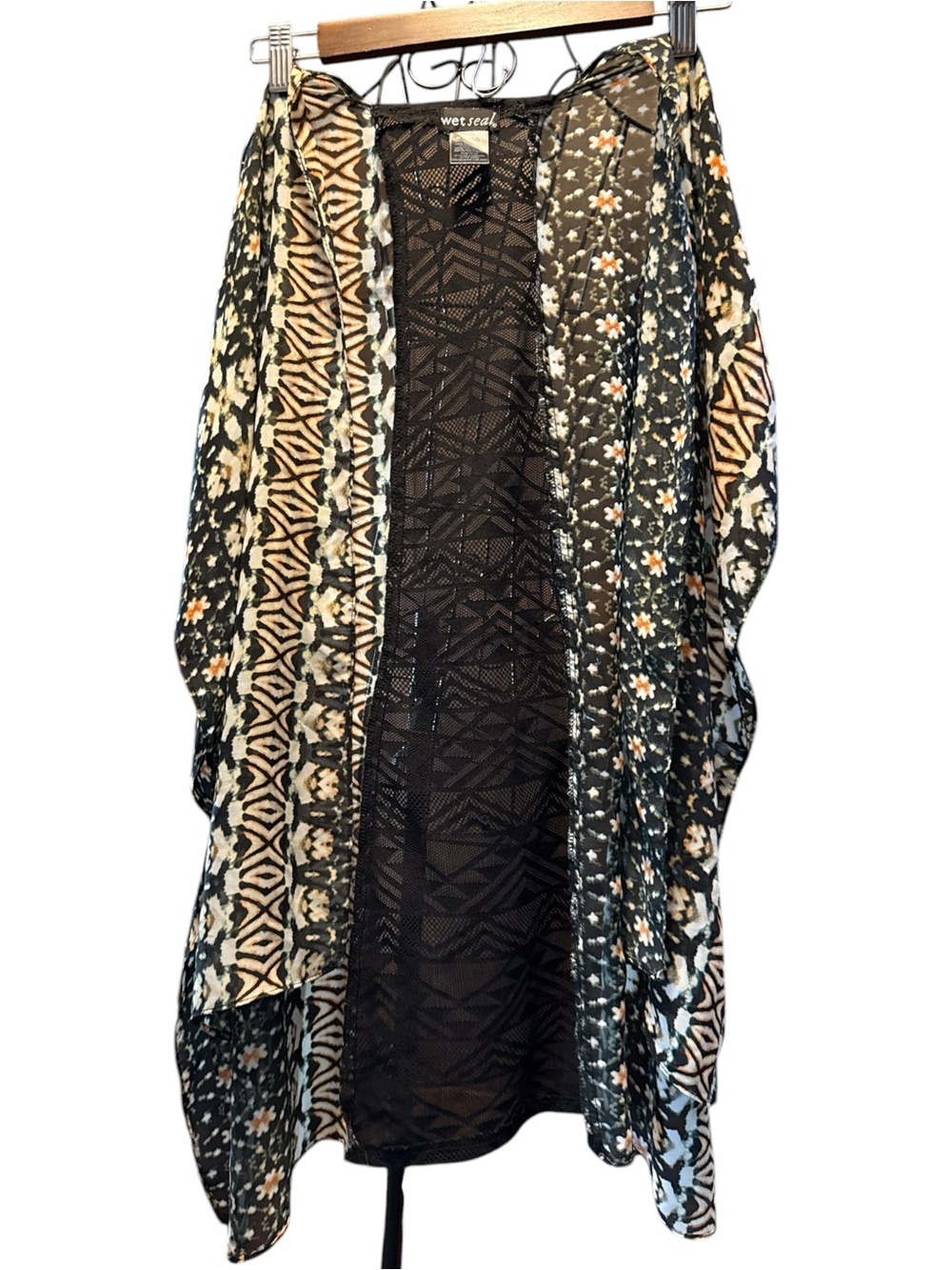 Wet Seal Black Cream Tan Mixed Print Sheer Kimono
